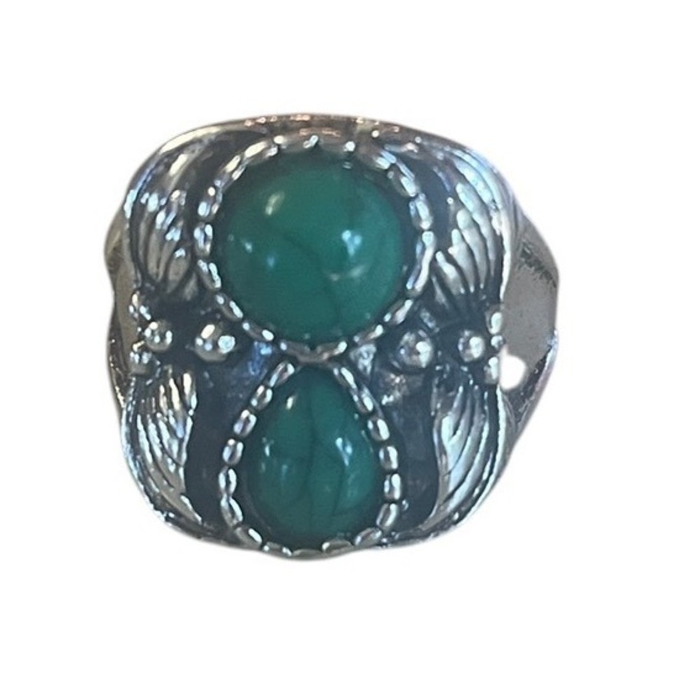 Vintage Style Green Faux Turquoise Silver Tone Southwestern Leaf Statement Ring